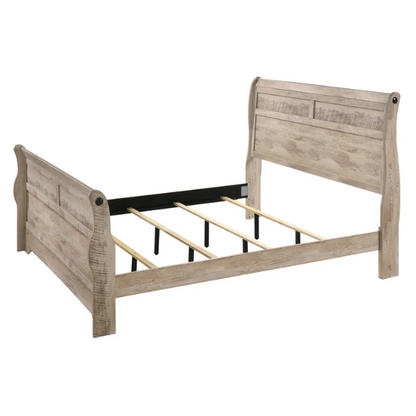Shabby Elegance 5-Piece Sleigh Queen Bedroom Set – Vintage White-Washed Finish, Designer Antique Metal Pulls, and Spacious Drawers with Felt-Lined Top Drawers