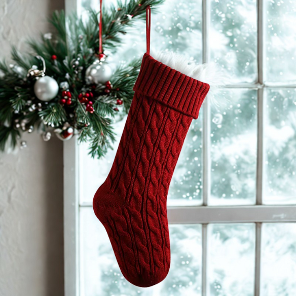 Classic Red Knitted Christmas Stocking – Cable Knit Holiday Gift Bag with Soft Lining