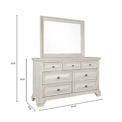 Distressed Parchment Wood Bedroom Set with Panel Bed, Dresser, Mirror, and Nightstand, Featuring Silver Accents and Fluted Pilasters