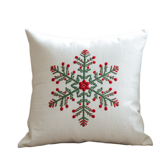 Green & Red Embroidered Snowflake Designed Pillow