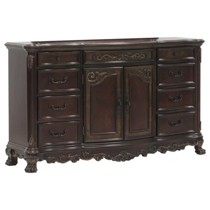 4-Piece Configurable Bedroom Set with Solid Cherry Wood Construction, Antique Walnut Veneer, Crown Molding, Carved Claw Feet, and Ample Storage - Includes Bed, Dresser, Nightstand, and Matching Mirror