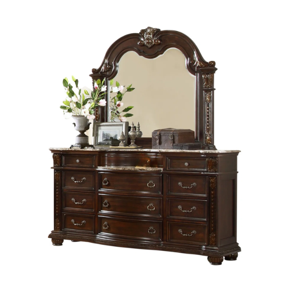 Classic Elegance 5-Piece Queen Bedroom Set in Dark Walnut with Button-Tufted Headboard, Marble-Topped Nightstand, 11-Drawer Dresser, Beveled Mirror, and Storage Chest