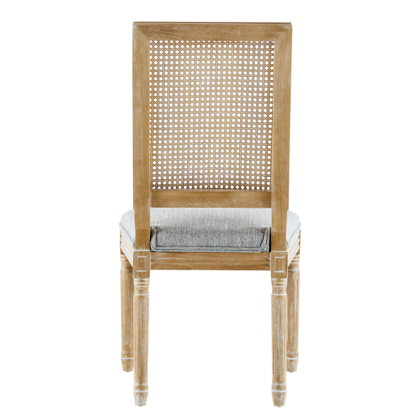 French Country Wood and Cane Upholstered Dining Chairs – Weathered Rubberwood Frame with Fluted Legs & Rectangular Cane Backrest