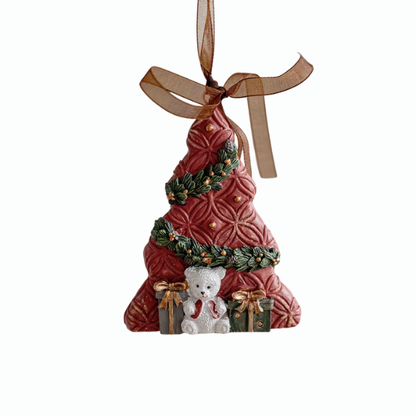 Retro Bear with Christmas Tree and Presents Ornament – Traditional Holiday Décor