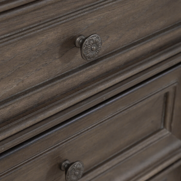 Brown & Beige King Poster Bedroom Set with Dresser, Mirror, Chest & Nightstand – Rustic Hickory Veneers, Sand Linen Upholstery, Antique Brass Accents