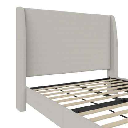 Luxurious Queen Size Upholstered Wingback Bed in Soft Linen Fabric