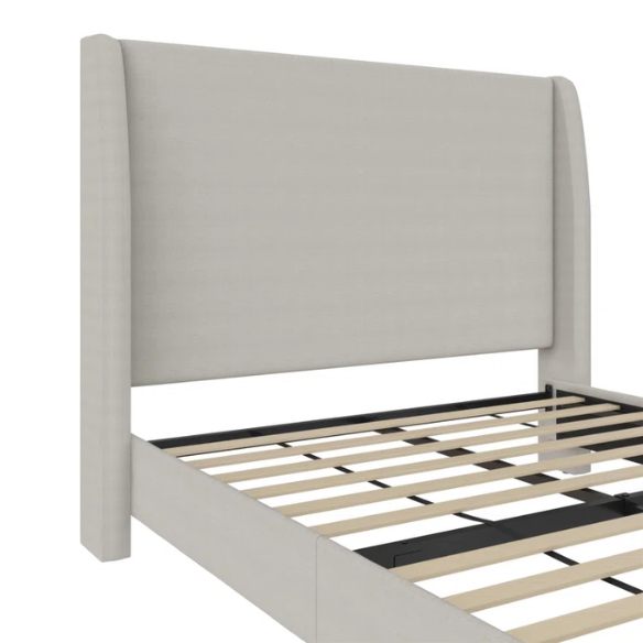 Luxurious Queen Size Upholstered Wingback Bed in Soft Linen Fabric