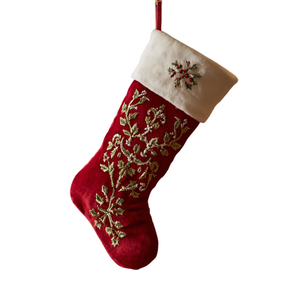 Red Velvet Christmas Stocking with White Faux-Fur Cuff and Gold Embroidered Details