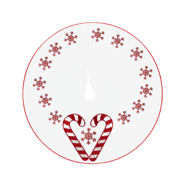 Embroidered White Christmas Tree Skirt with Red Border and Candy Cane Heart