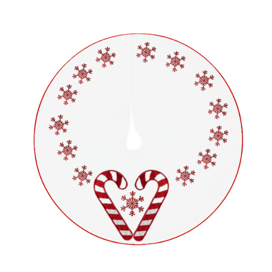 Embroidered White Christmas Tree Skirt with Red Border and Candy Cane Heart