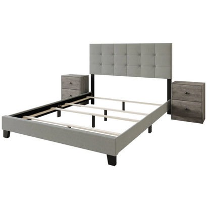 Elegant Solid Grey Queen Bedroom Set with Button-Tufted Upholstered Bed and Matching Nightstands – 3-Piece Set