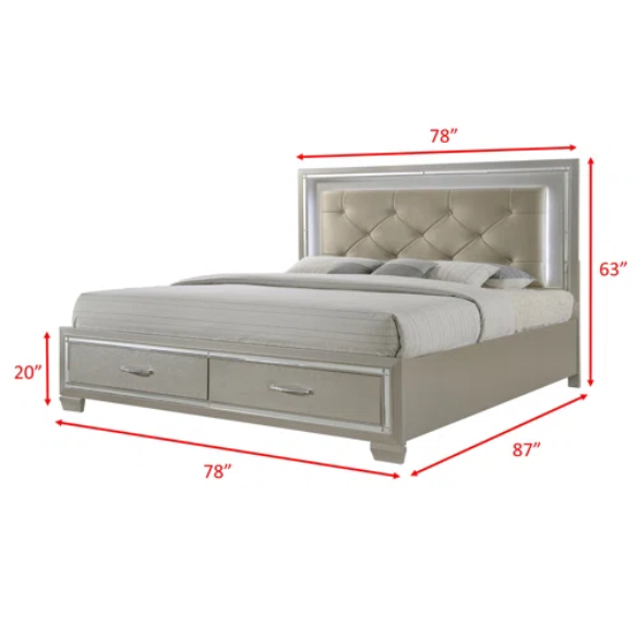 Elegant Glamour: 5-Piece Bedroom Set with Lustrous Platinum Dresser, Crystal and Chrome Handles – A Stunning, Star-Quality Collection to Elevate Your Bedroom Décor