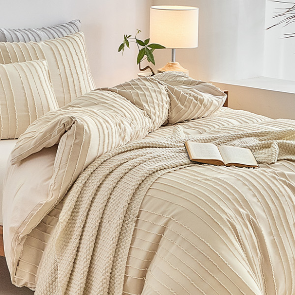 Luxurious Tufted Duvet Cover Set – Queen Size | Striped Textured Boho Bedding | Ultra-Soft Washed Microfiber | 3-Piece Set