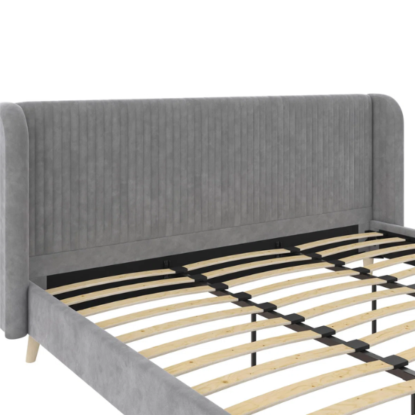 King Size Upholstered Wingback Platform Bed – Luxe Velvet Headboard with Vertical Tufting, Mid-Century Modern Design, and Space-Saving Wooden Frame