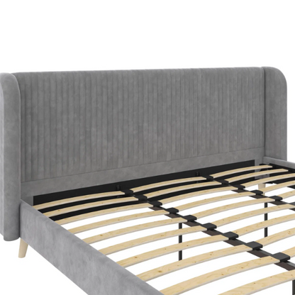 King Size Upholstered Wingback Platform Bed – Luxe Velvet Headboard with Vertical Tufting, Mid-Century Modern Design, and Space-Saving Wooden Frame