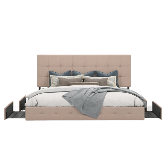 King Size Upholstered Platform Bed with Storage Drawers, Padded Headboard, and Sophisticated Button Tufting