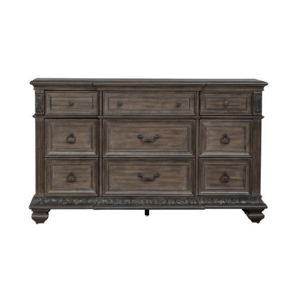 Brown & Beige King Poster Bedroom Set with Dresser, Mirror, Chest & Nightstand – Rustic Hickory Veneers, Sand Linen Upholstery, Antique Brass Accents