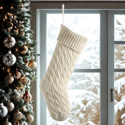 White Knitted Christmas Stocking – Cable Knit Holiday Gift Bag with Soft Lining