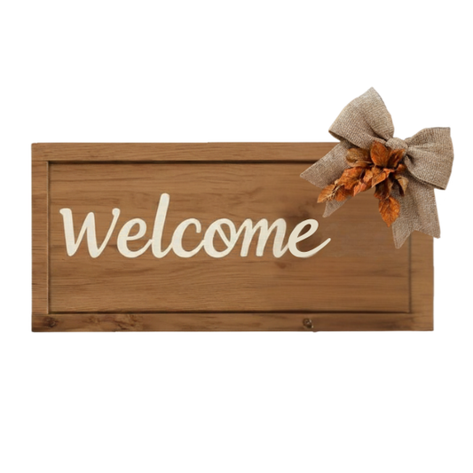 Welcome Wooden Sign with Burlap Bow and Autumn Leaves