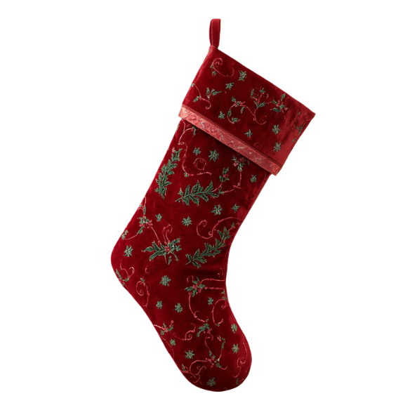 Red Velvet Christmas Stocking with Holly and Gold Vine Embroidery