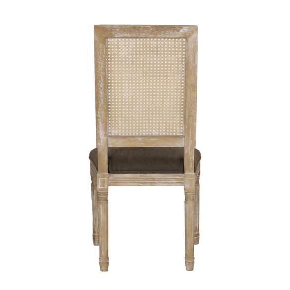 French Country Wood and Cane Upholstered Dining Chairs – Weathered Rubberwood Frame with Fluted Legs & Rectangular Cane Backrest