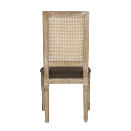 French Country Wood and Cane Upholstered Dining Chairs – Weathered Rubberwood Frame with Fluted Legs & Rectangular Cane Backrest