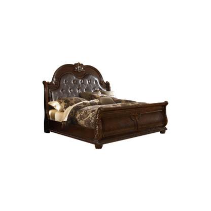 Classic Elegance 5-Piece Queen Bedroom Set in Dark Walnut with Button-Tufted Headboard, Marble-Topped Nightstand, 11-Drawer Dresser, Beveled Mirror, and Storage Chest