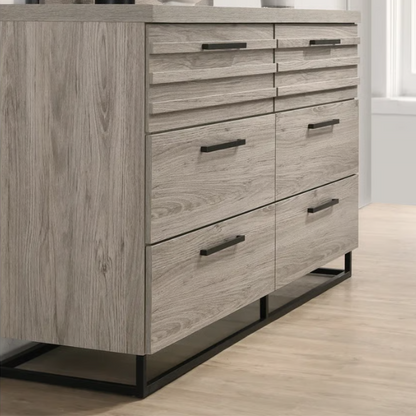 Upholstered 5-Piece Bedroom Set with Weathered Gray Finish, LED Piers, and Functional Storage