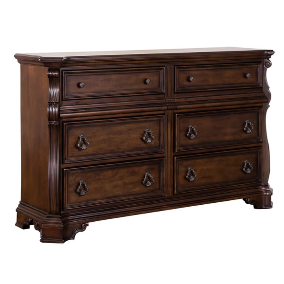 Classic Elegance with a Touch of Tradition – 5-Piece King Bedroom Set Featuring Sleigh Bed with Rope Twist Cap Rails, Dresser, Mirror, Chest, and Nightstand with Hidden Storage and Custom Drop Ring Hardware