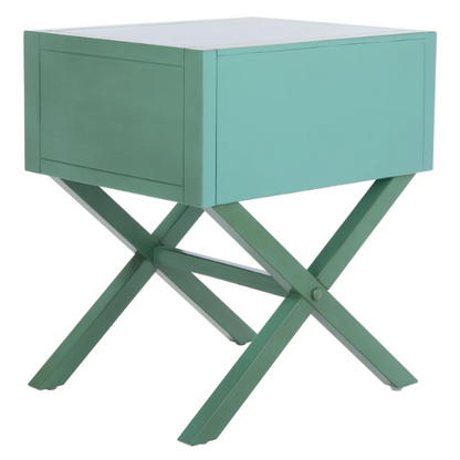 1-Drawer Nightstand – Classic Campaign Style with Contemporary Chic, Acacia Wood Frame, Cross-Base Design, Bold Finish, Gold Drawer Pull, Perfect for Modern Bedrooms