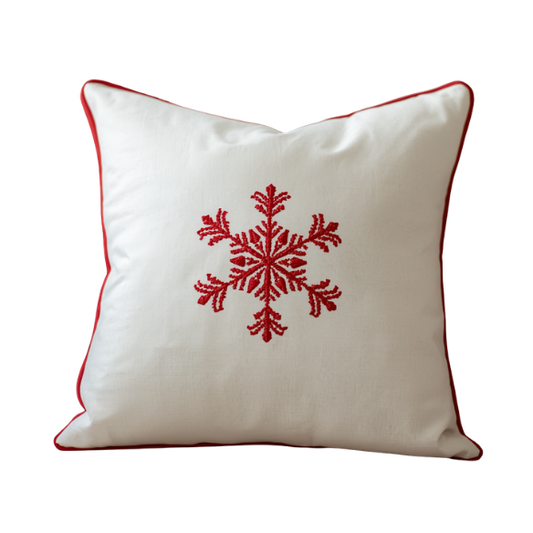 Off-White Square Throw Pillow with Red Piping and Embroidered Snowflake