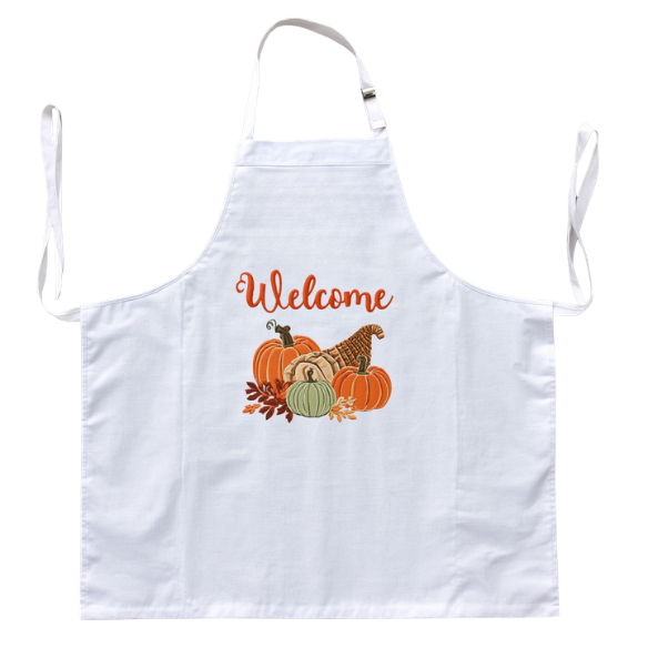 Welcome to Autumn Kitchen Apron with Embroidered Cornucopia and Pumpkin Design