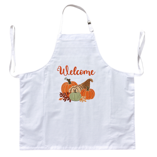 Welcome to Autumn Kitchen Apron with Embroidered Cornucopia and Pumpkin Design