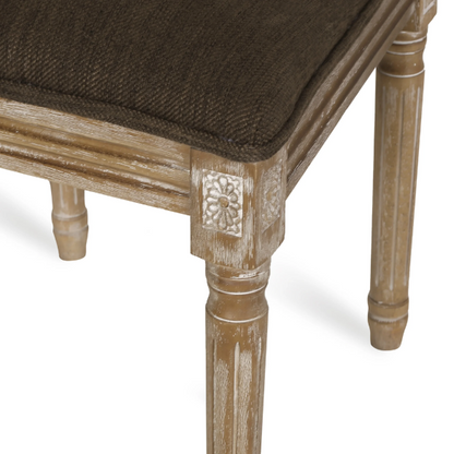French Country Wood and Cane Upholstered Dining Chairs – Weathered Rubberwood Frame with Fluted Legs & Rectangular Cane Backrest