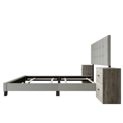Elegant Solid Grey Queen Bedroom Set with Button-Tufted Upholstered Bed and Matching Nightstands – 3-Piece Set