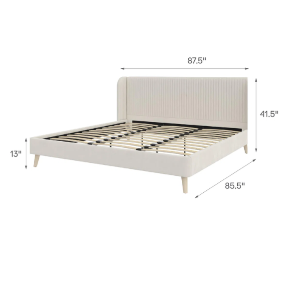 King Size Upholstered Wingback Platform Bed – Luxe Velvet Headboard with Vertical Tufting, Mid-Century Modern Design, and Space-Saving Wooden Frame
