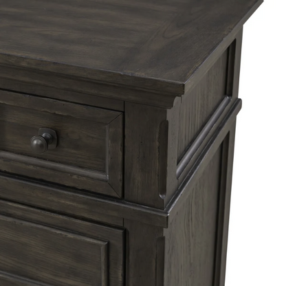 Rustic Elegance 3-Piece King Panel Bed, Dresser & Mirror Set in Saddle Brown – Crafted with Rubberwood and Split Heart White Oak Veneers, Soft-Close Drawers, Cedar Lining, Antique Pewter Hardware, and Crown Molding Details