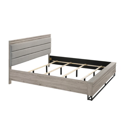 Upholstered 5-Piece Bedroom Set with Weathered Gray Finish, LED Piers, and Functional Storage