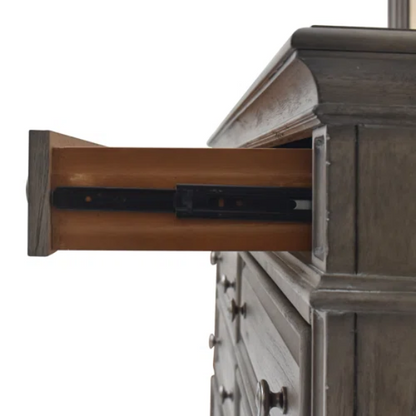 3-Piece Rustic Upholstered Panel Queen Bedroom Set in Driftwood Grey or Rustic Ivory – Includes Nightstand, Double Dresser with Mirror, and Button-Tufted Bed with Nailhead Trim
