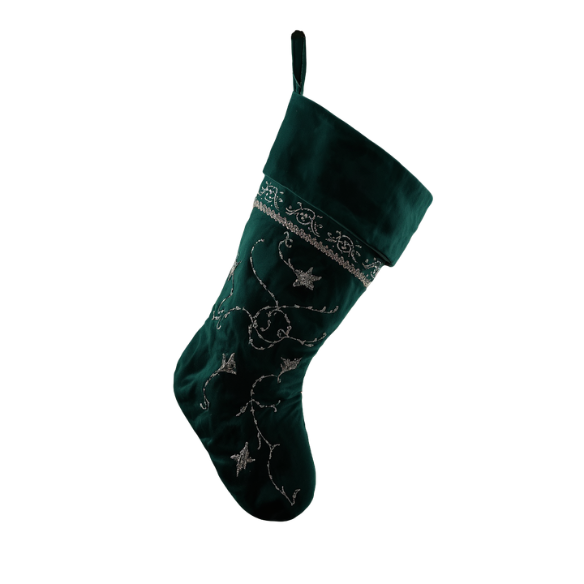Dark Green Velvet Christmas Stocking with Silver Embroidered Vines and Stars