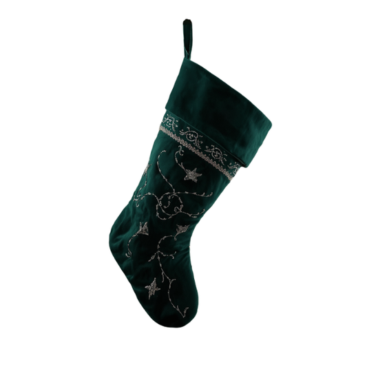 Dark Green Velvet Christmas Stocking with Silver Embroidered Vines and Stars