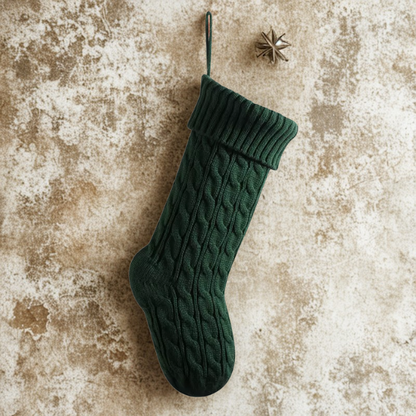 Green Knitted Christmas Stocking – Cable Knit Holiday Gift Bag with Soft Lining