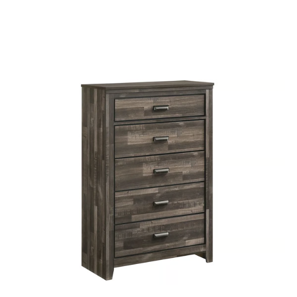 Rustic Dark Grey Weathered 6-Piece Platform Bedroom Set with Bold Black Hardware – Frame-Style Design, Metal-on-Metal Drawer Guides, and Sturdy Construction