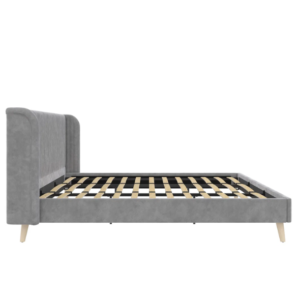 King Size Upholstered Wingback Platform Bed – Luxe Velvet Headboard with Vertical Tufting, Mid-Century Modern Design, and Space-Saving Wooden Frame