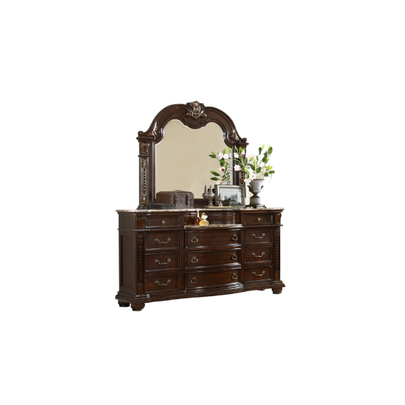 Classic Elegance 5-Piece Queen Bedroom Set in Dark Walnut with Button-Tufted Headboard, Marble-Topped Nightstand, 11-Drawer Dresser, Beveled Mirror, and Storage Chest