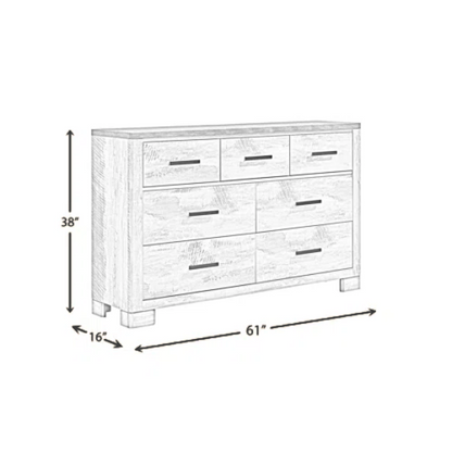 Coastal Farmhouse-Inspired King Size Bedroom Set: Distressed Whitewash Finish with Natural Brown Accents – Includes Platform Bed, 2-Drawer Nightstand, 7-Drawer Dresser with Mirror, and Optional 5-Drawer Chest for Complete Storage Solution