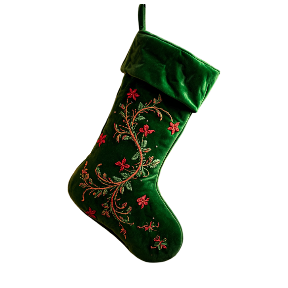 Dark Green Velvet Christmas Stocking with Red and Gold Floral Embroidery
