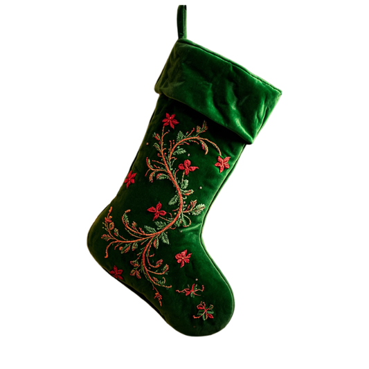 Dark Green Velvet Christmas Stocking with Red and Gold Floral Embroidery