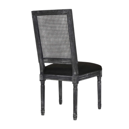 French Country Wood and Cane Upholstered Dining Chairs – Weathered Rubberwood Frame with Fluted Legs & Rectangular Cane Backrest