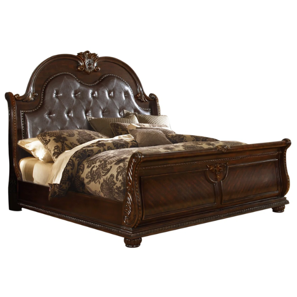 Classic Elegance 5-Piece Queen Bedroom Set in Dark Walnut with Button-Tufted Headboard, Marble-Topped Nightstand, 11-Drawer Dresser, Beveled Mirror, and Storage Chest